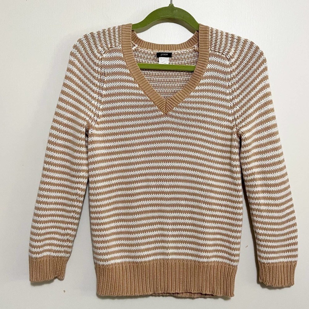 J Crew Tan Striped Cotton V-Neck Sweater Small